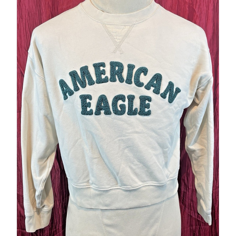 Womens American Eagle White Cotton Fleece Sweatshirt w Logo sz XS